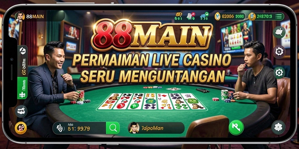 Screenshot utama 88MAIN menampilkan dealer dan gameplay Live Casino yang mengasyikkan.