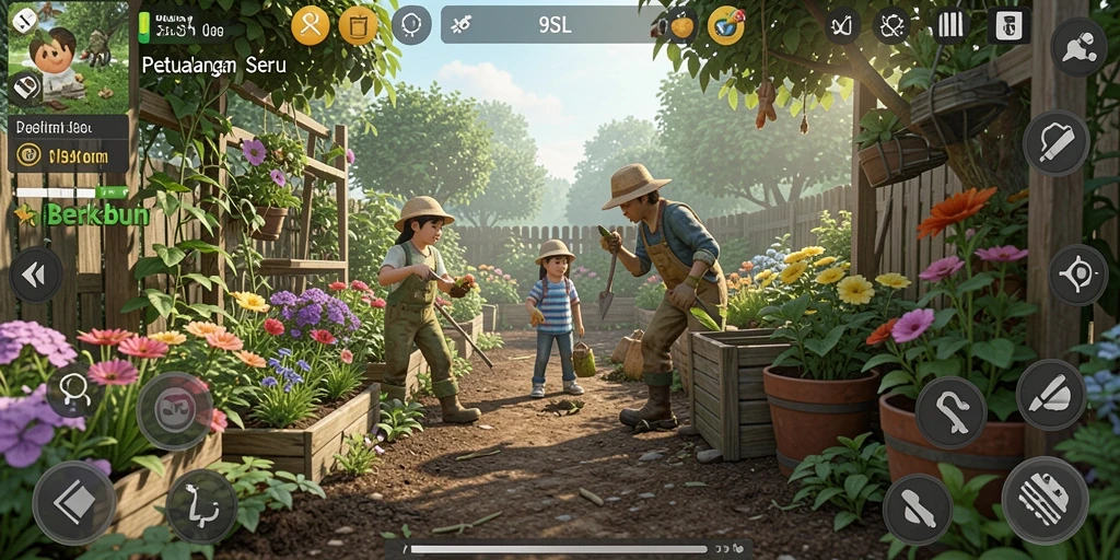 Screenshot gameplay 9SL menunjukkan kebun yang subur dan penuh warna.