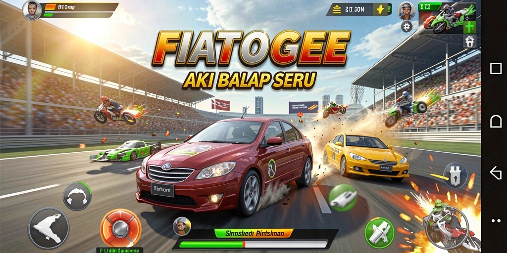 Screenshot utama FIATOGEL menunjukkan aksi balap yang mendebarkan.
