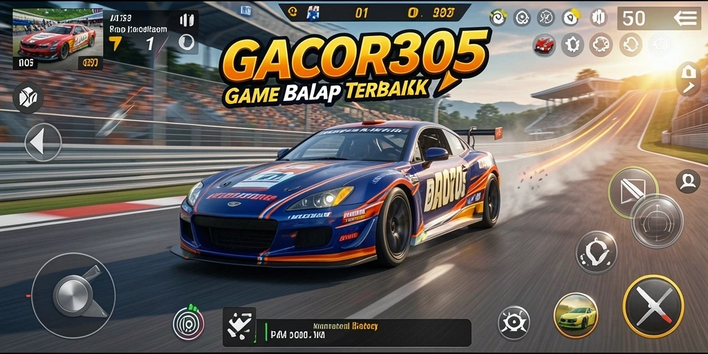 Screenshot gameplay GACOR305 yang menunjukkan mobil melaju kencang di trek balap.