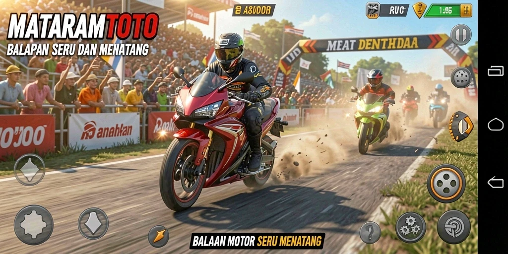 Screenshot utama dari gameplay seru MATARAMTOTO yang menampilkan aksi balap motor.