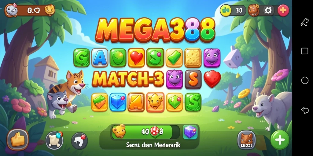 Screenshot gameplay seru dari MEGA388 dengan level Match-3.