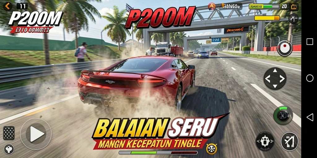 Screenshot utama P200M menampilkan aksi balap mendebarkan di jalanan.