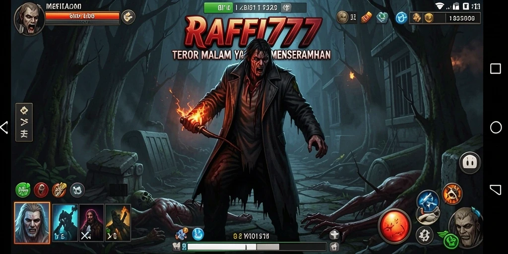 Gameplay RAFFI777 menampilkan suasana horor yang penuh ketegangan.