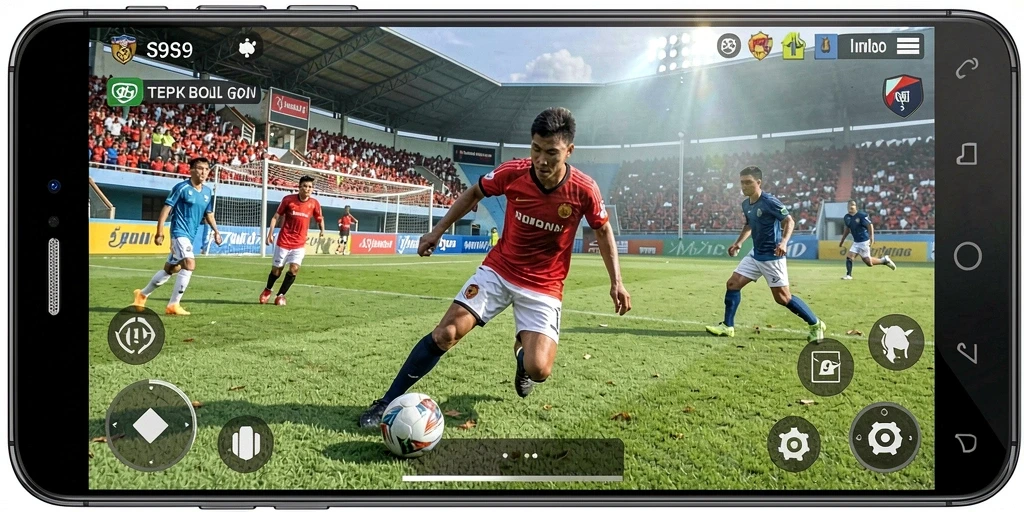 Tampilan gameplay seru S9S9 dengan aksi pertandingan sepak bola.