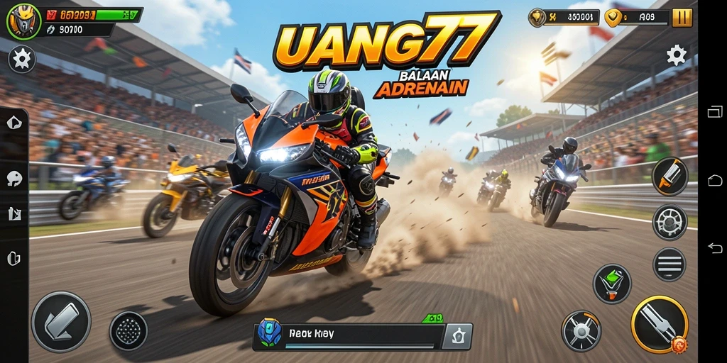 Tampilan gameplay UANG77 dengan aksi balapan motor yang mendebarkan.