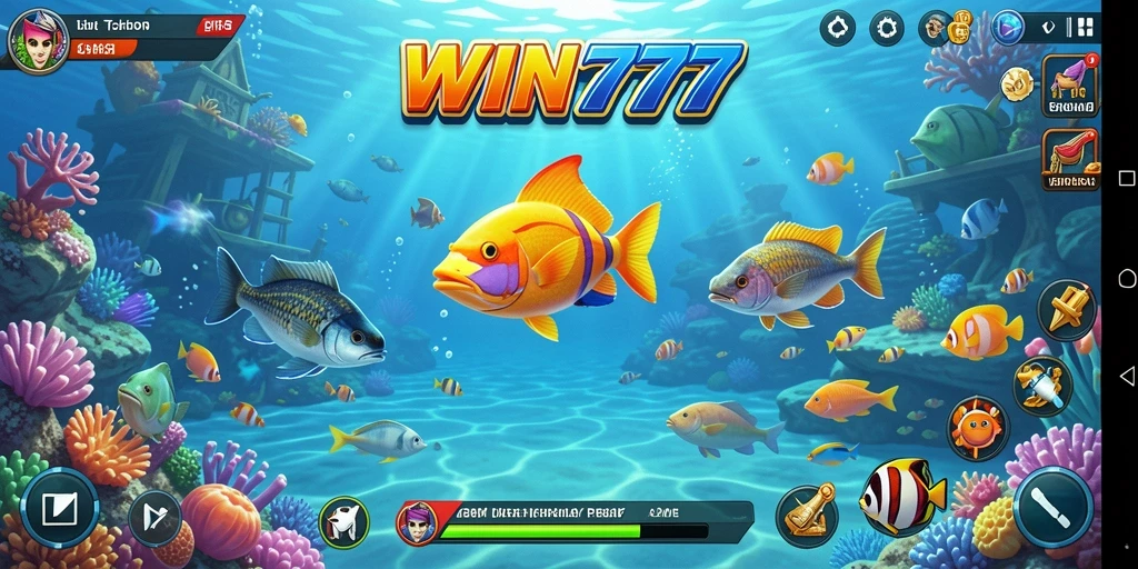 Tampilan gameplay WIN777 dengan berbagai ikan berwarna-warni yang menantang.