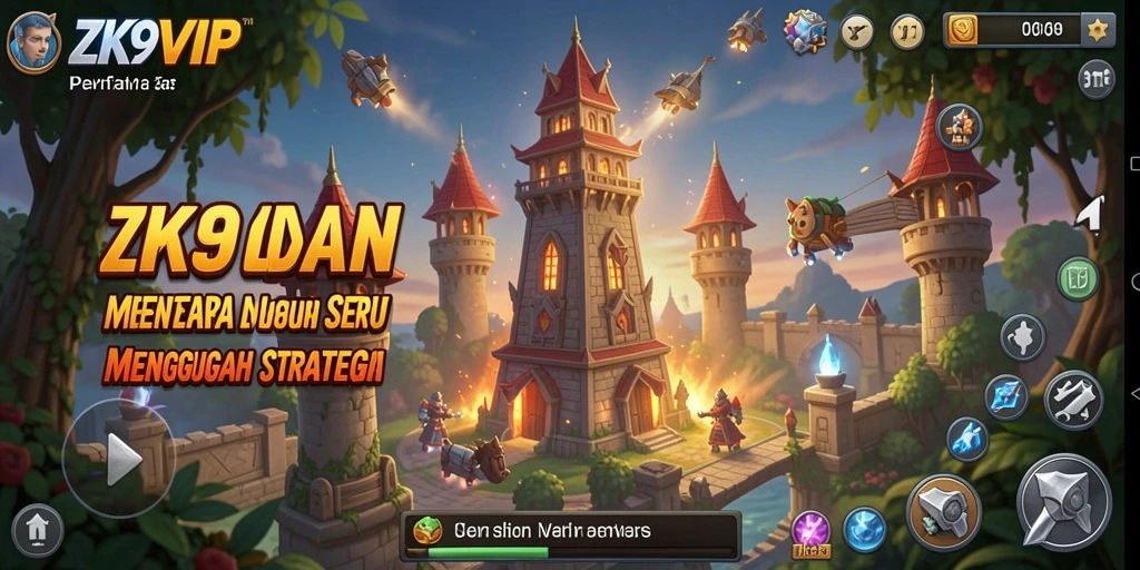 Screenshot ZK9VIP menampilkan aksi seru pertahanan menara.